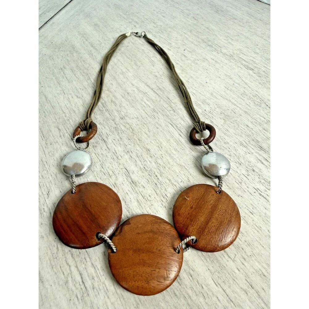 Chunky Round Wood Disc & Textured Silver Statement Necklace Rope Cord Boho